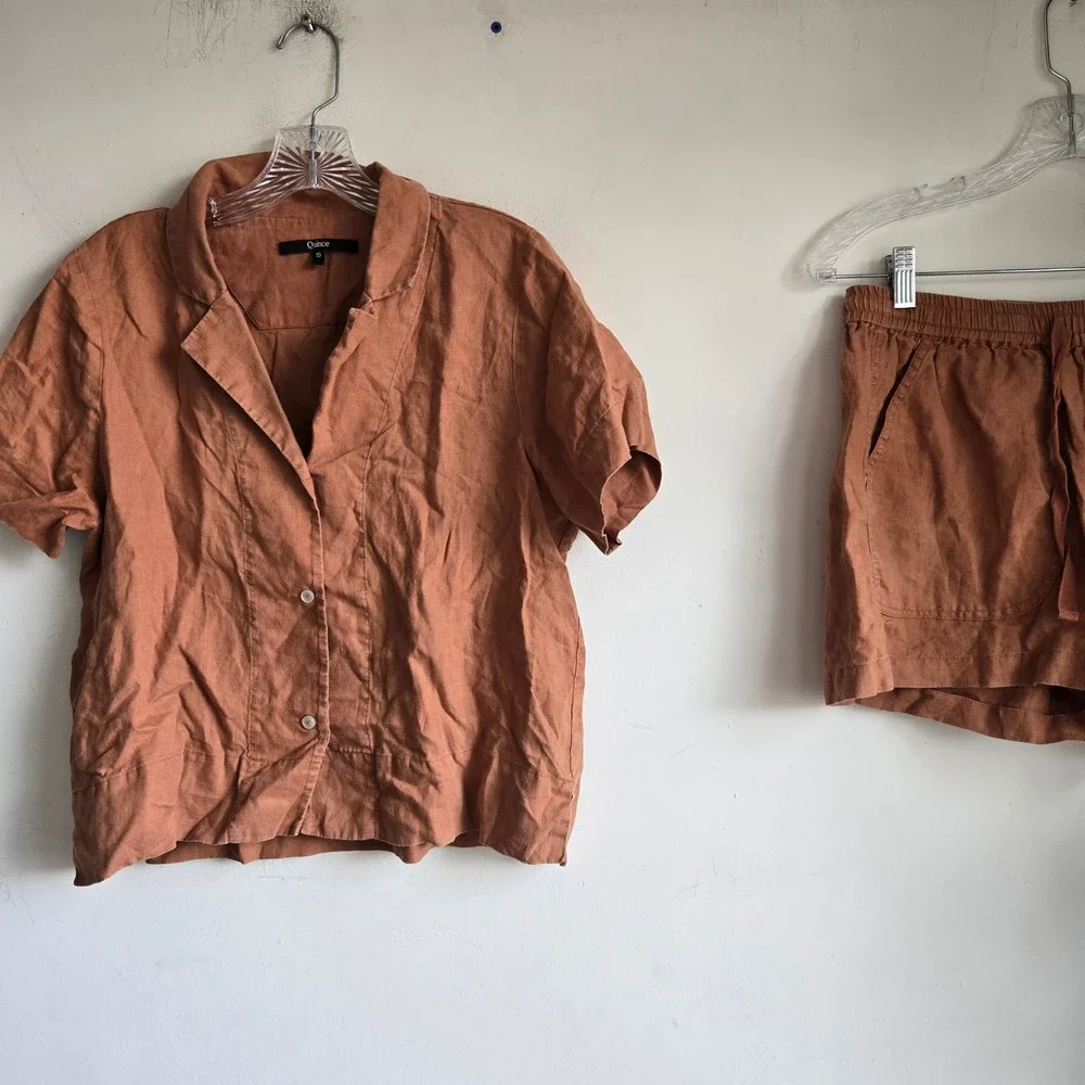 Quince S Linen Set Women Terracotta Excellent Short Sleeve Shirt and Shorts 2pc
